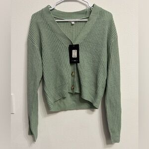 Green V-Neck Button-Up Women's Sweater